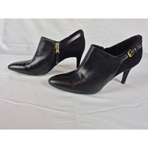 Lauren Ralph Lauren 7.5 Black Leather Suede Ankle Booties Gold Stiletto Heel
